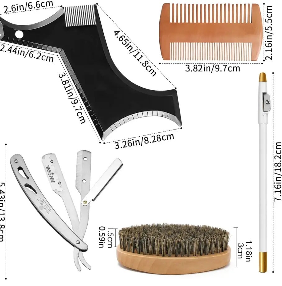 Wango Men’s 6-in-1 Durable Professional Stainless Steel Barber Kit – Hair Care & Beard Brush, Straight Razor, Barber Pencil, Comb, Scissors – Daily DIY Edge Control Tool for Adults, Ideal Gift