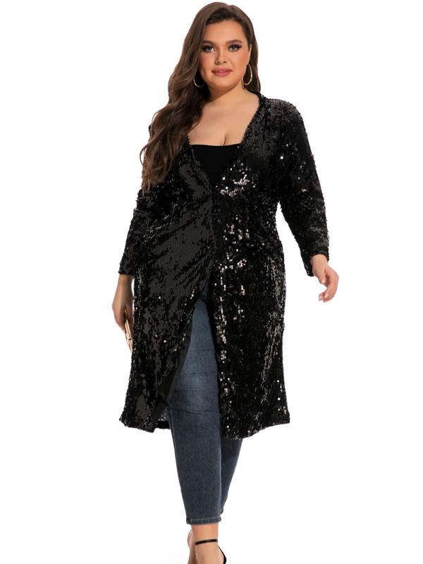610 - Long Sleeves Full Sequins Open Front Duster Cardigan Cover-up Jacket Coat Womenswear Day Black