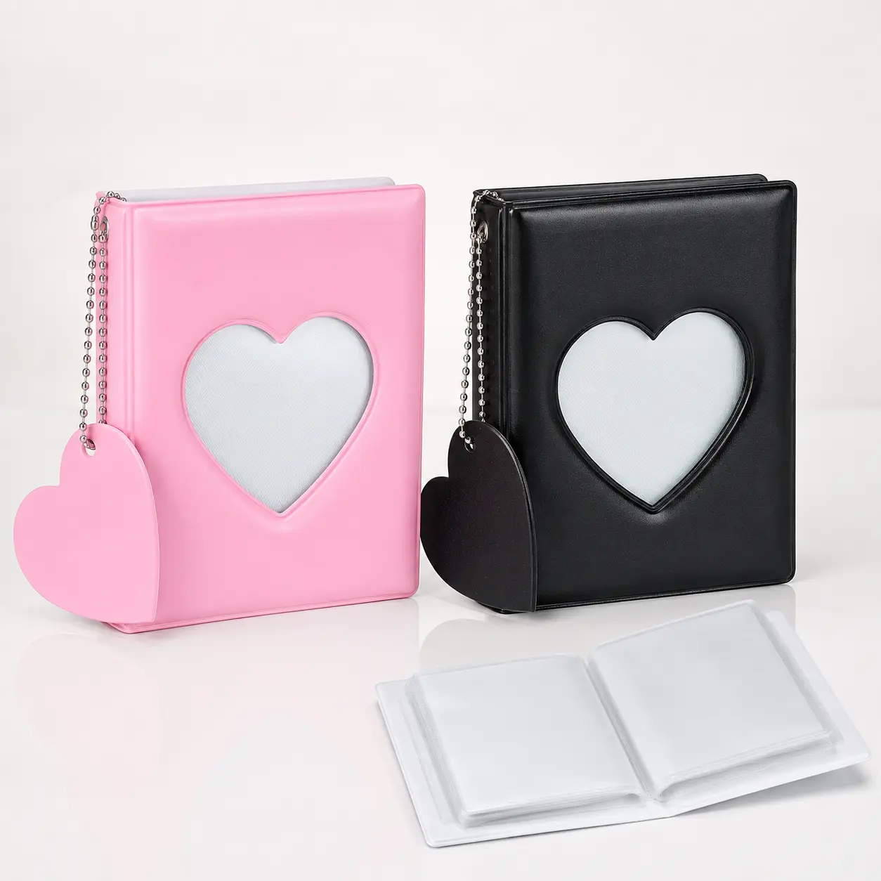 QUSBET 3-Inch Mini Photo Album, 20 Pages Holds 40 Photos, Clear PP Pocket Photo Book with Heart Window & Heart Charm, Compact Portable Picture Organizer for Mini Photos