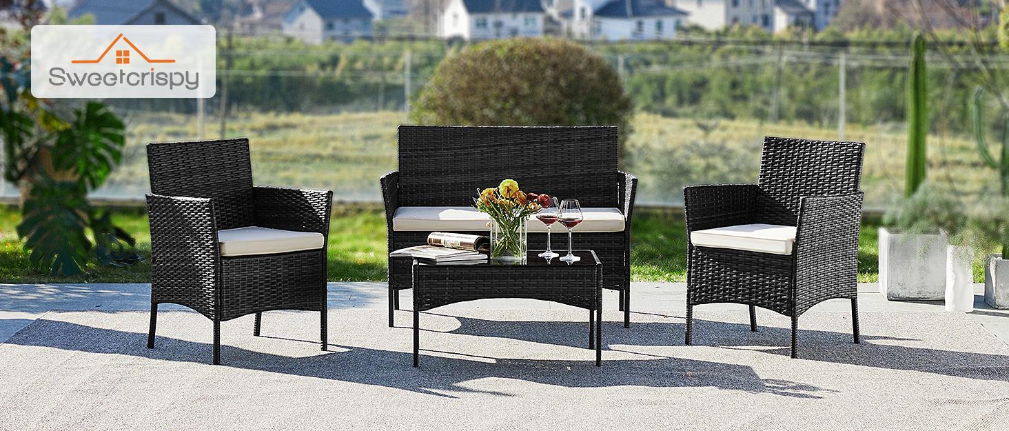 3-Piece Patio Furniture Set, Wicker Outdoor PE Rattan Furniture with Coffee Table & Washable Cushion, Compact Bistro Conversation Seating for Balcony, Garden, Poolside 3-Piece Patio Furniture Set, Wicker Outdoor PE Rattan Furniture with Coffee Table & Washable Cushion, Compact Bistro Conversation Seating for Balcony, Garden, Poolside