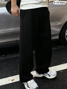 Boys' Casual Elastic Waist Long Pants, Loose-Fitting Wide Leg Sweatpants, Straight Fit Sportswear Clothing for All Seasons Casual Sports Design Elastic Waist Sweatpants, Suitable For Daily Commute, Spring & Autumn Chic Outfits For Autumn/Winter Fall