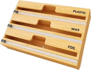 3-in-1 Bamboo Wrap Organizer with Cutter & Labels, Kitchen Storage Holder for Plastic Wrap, Aluminum Foil & Wax Paper, Fits 12” Rolls, Natural Wood Finish SpaceAid