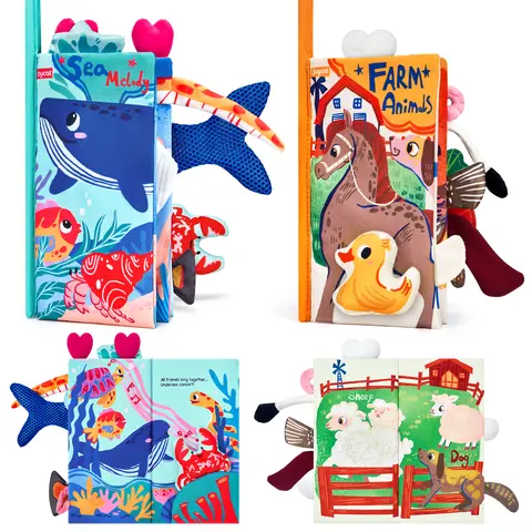 JoyCat 2PCS Soft Polyester Crinkly Cloth Books - 2-in-1 Newborn Infant Early Learning Set with Crinkly Sounds, Squeakers, Farm/Ocean Themes, Travel-Ready Strap, Durable Travel Toys, Baby Shower Gift