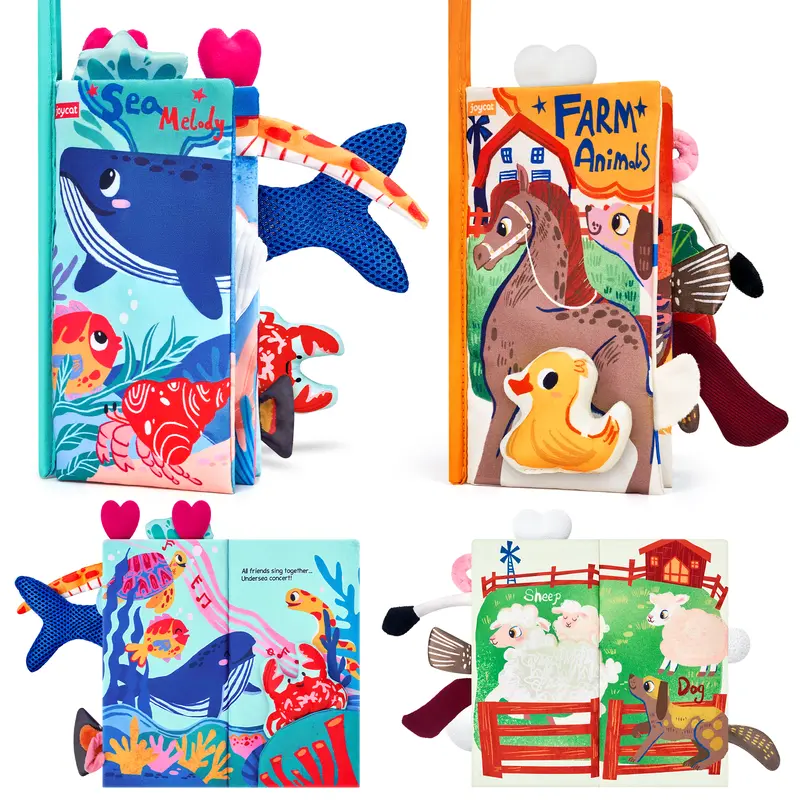 JoyCat 2PCS Soft Polyester Crinkly Cloth Books - 2-in-1 Newborn Infant Early Learning Set with Crinkly Sounds, Squeakers, Farm/Ocean Themes, Travel-Ready Strap, Durable Travel Toys, Baby Shower Gift