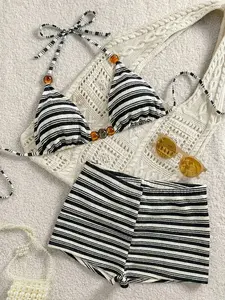 MINSARA Y2K Coconut Girl Aesthetic Textured Two-Piece Swimsuit Featuring Bead Detailed Triangle Top And Matching Casual Shorts