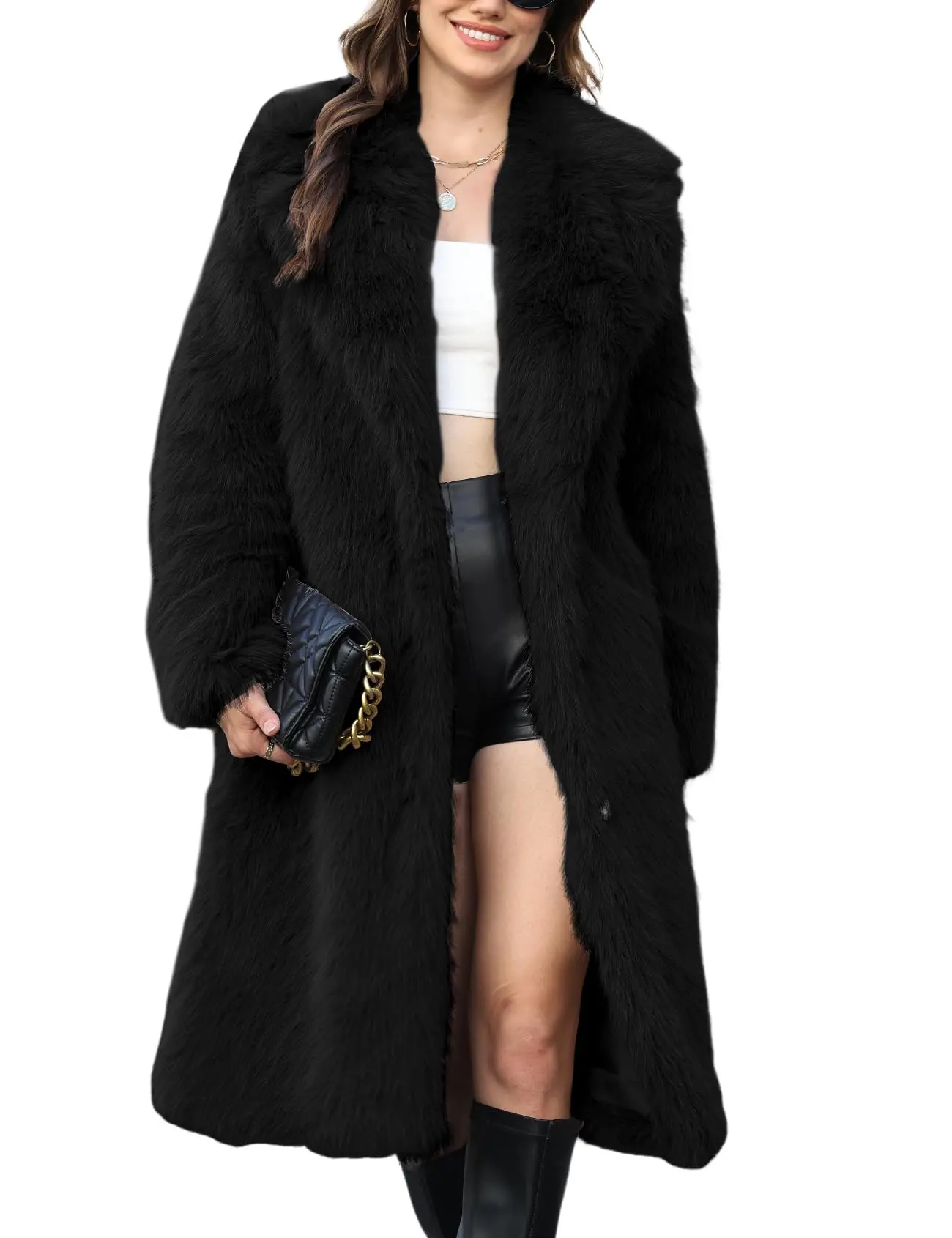 Arssm Women' s Faux Fur Coat Lapel Collar Long Sleeve Furry Jacket Long Shaggy Jackets Open Front Warm Outerwear