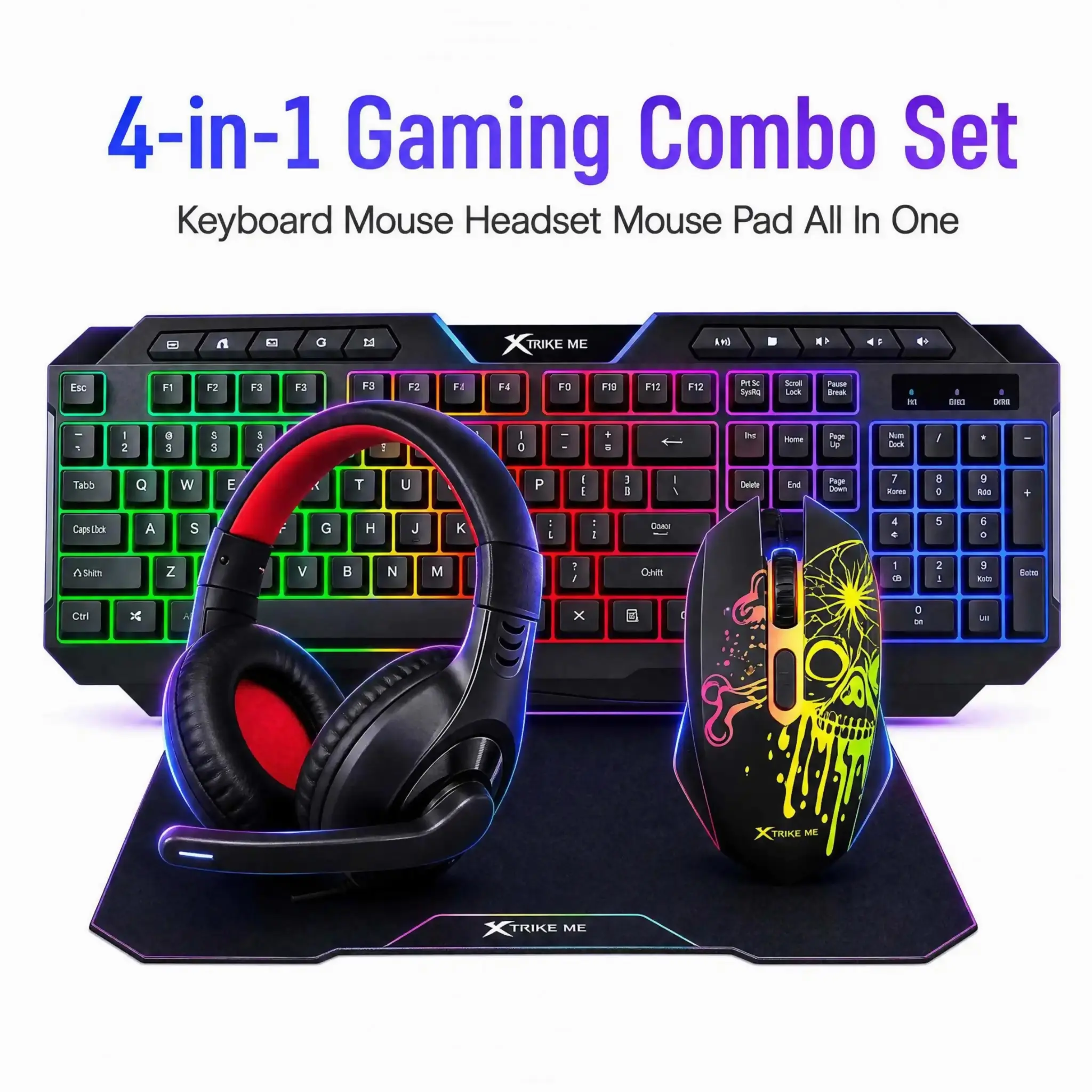RGB Gaming 4-Piece Wired Peripheral All-in-1 Kit - Durable Membrane Keyboard, 6D Precision Mouse, Lightweight Headphone, Wear-Resistant Mouse Pad for Gaming, Office Use (High Cost Performance)