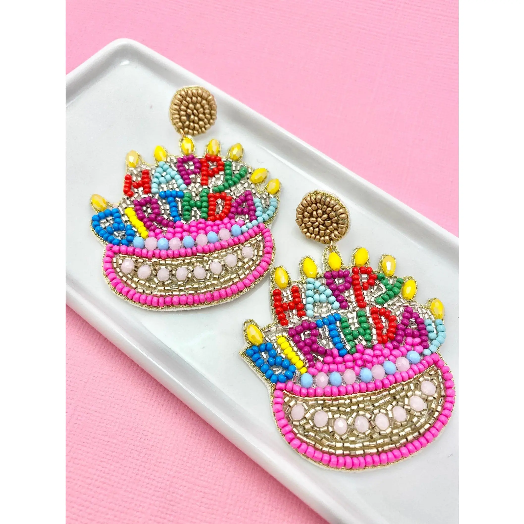 Happy Birthday Cake Beaded Earrings