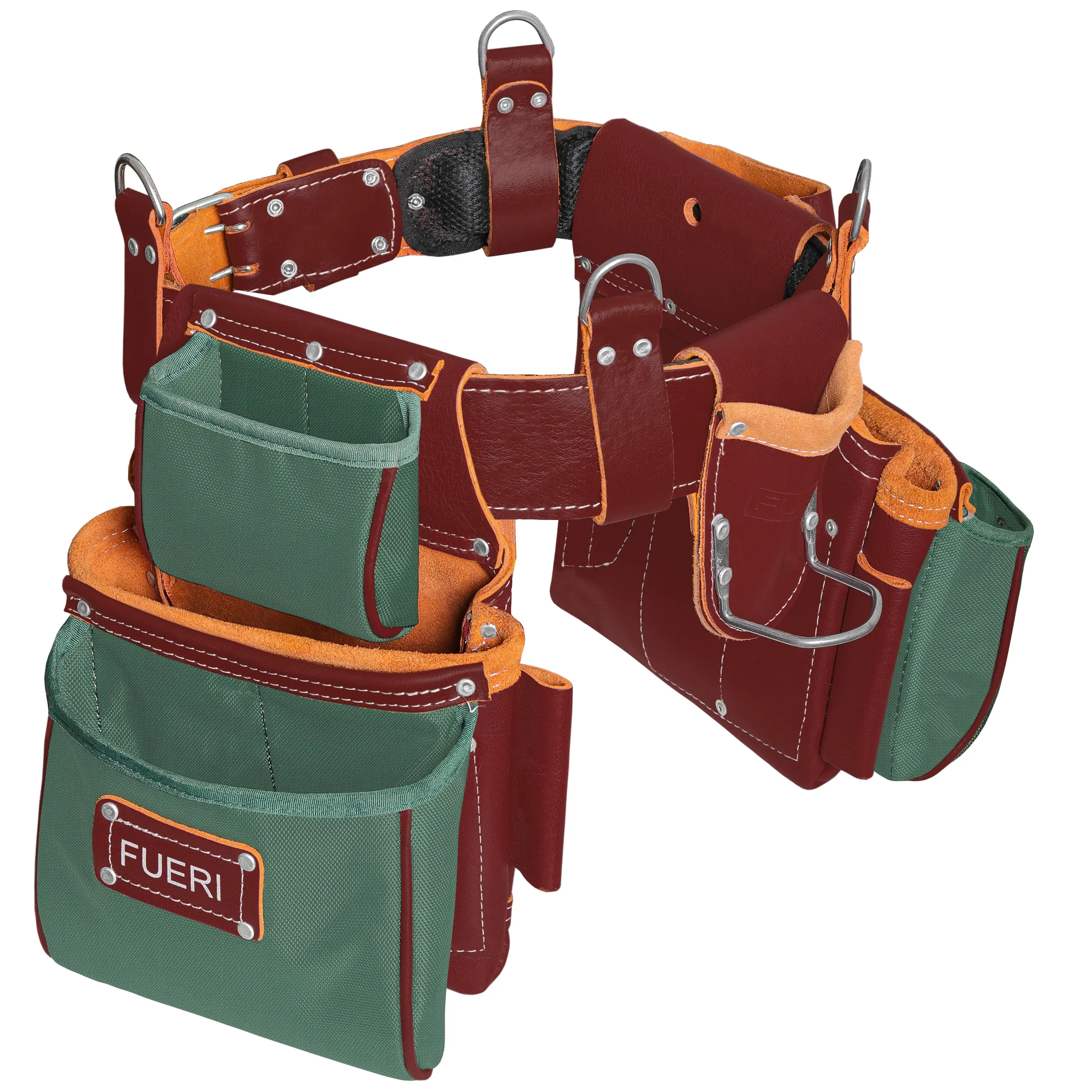 FUERI Nylon & Leather Tool Bag Organizer, 19-Pocket Tool Bag with Suspender, Adjustable Foam-Padded Waistband, 4 D-Loops, Hammer Holder, Detach w/o Belt Option for Construction, Carpentry