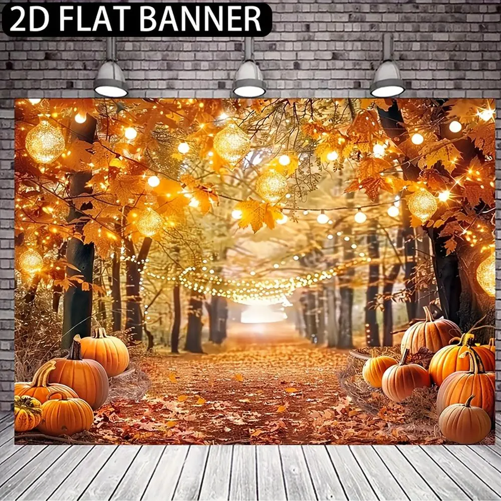 1pc Durable Soft Woven Flat Banner - Glam Look Thanksgiving Harvest Party Decor, Extra Large 2D Indoor Textile Backdrop with Golden Maple Leaves, Pumpkin Accents, Hanging Lanterns, White Ornaments