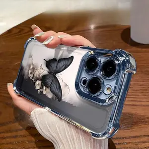 Dark Butterfly pattern electroplated four-corner airbag shockproof and anti-drop phone case. Suitable for iPhone 17 Pro Max, 16/15/14/13/12/11 Pro Max, and Samsung S25, S24, S23 (airbag shockproof transparent protective case).