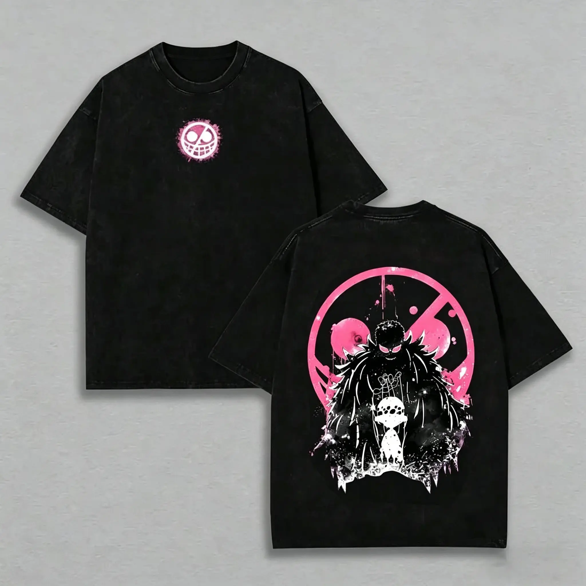 Graphic T-Shirt, Vintage Washed Distressed Oversized Anime Tee, Retro Pink Jolly Roger Pirate Streetwear Top for Men Women, Anime Lover & One Piece Fan Gift Shirt