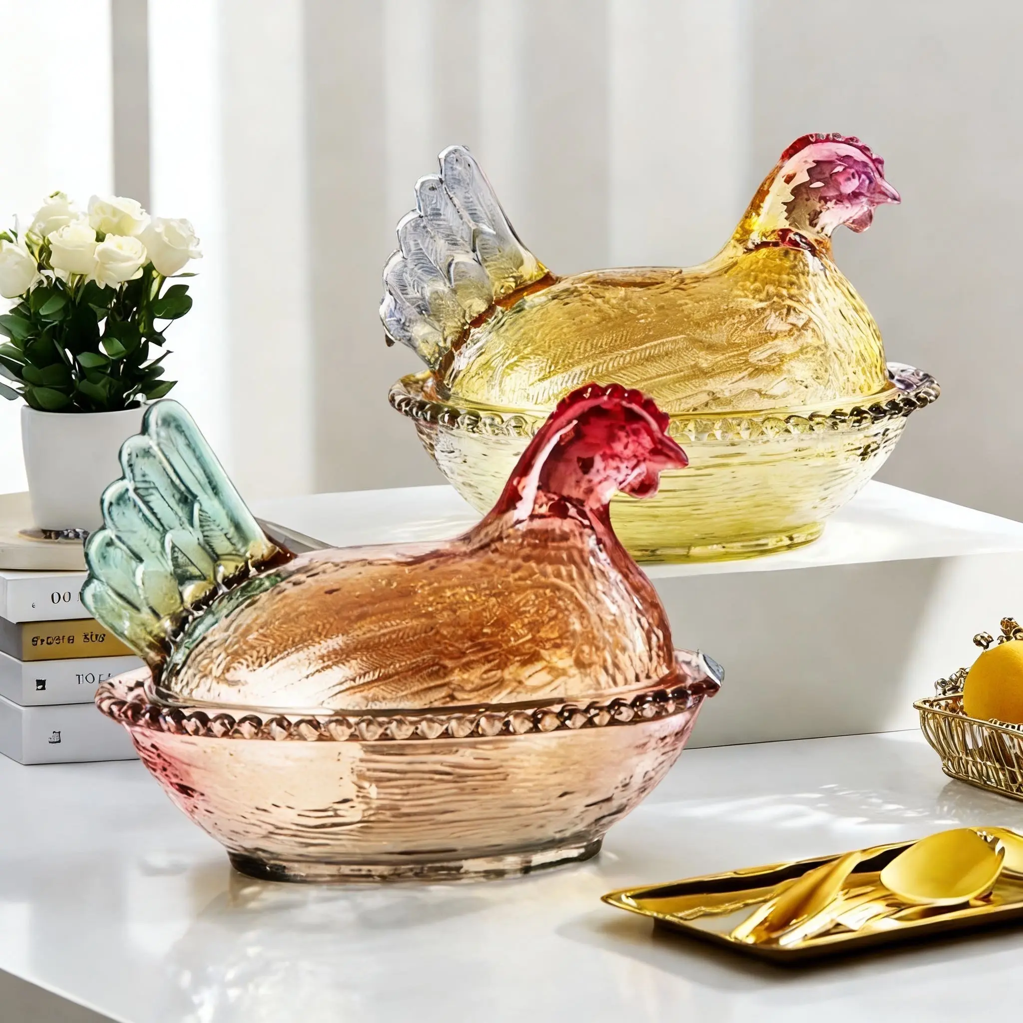 Vintage Crystal Glass Chicken-Shaped Canister with Dustproof Lid - Large Pedestal Base, Hand-Standing Storage Organizer for Snacks, Kitchen Tabletop Decor with Colorful Accents for Kitchen Pantry, Pantry Cabinet Organization