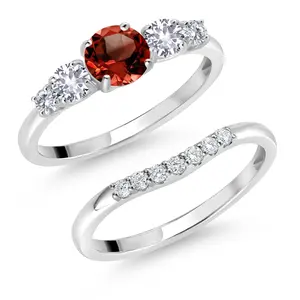 Gem Stone King 10K White Gold Red Garnet White Created Sapphire and White Lab Grown Diamond 5 Stone Bridal Engagement Wedding Ring Set For Women | 1.37 Cttw | Round: 5MM and 3MM | Size 5-9