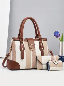 Women's Fashionable Colorblock Pattern Tote Bag & Wallet Set, Casual Pu Leather Zipper Shoulder Bag for Daily Used, Trendy Versatile High-quality Daily Commuting Bag