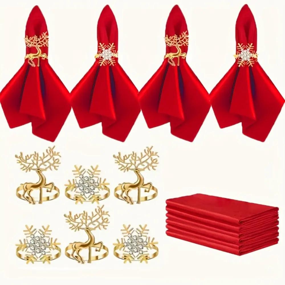 Christmas napkin set, 6 satin napkins with 6 metal napkin rings, a total of 12 decorative items, suitable for Christmas, New Year and winter parties, party tableware, holiday table layout.