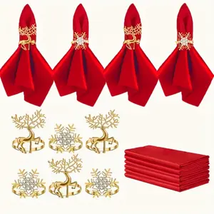 Christmas napkin set, 6 satin napkins with 6 metal napkin rings, a total of 12 decorative items, suitable for Christmas, New Year and winter parties, party tableware, holiday table layout.
