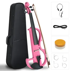 Full Size 4/4 Electric Silent Violin Set with Bow Case Rosin Headphone Connecting Line Pink Piano Lacquer Finish Basswood Body Solid Wood Neck EQ Control