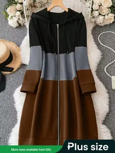 Elegant Plus Size Women's Hooded Knit Sweatshirt, Colorblock Long Sleeve Drawstring Pullover, Casual Fashion for Fall & Winter