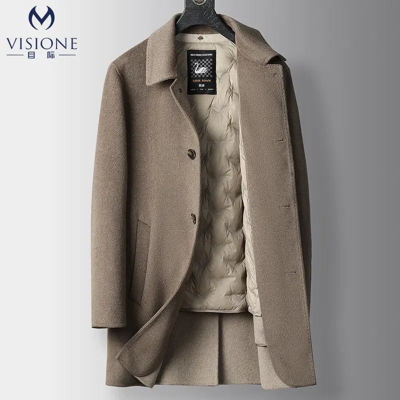Qianlai Luxury 100% Pure Wool Men's Double-Sided Wool Coat Mid-Length Detachable Goose Down Liner Young Adult Men's Jacket