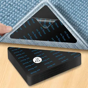 12 Pack Carpet Tape, Rug Gripper,Rug Tape,Reusable and Washable Non Slip Rug Pads for Hardwood Floors and Tiles, Carpet Pads Rug Corner, Rug Stickers Rug Corners to Hold Rug Down (Black)