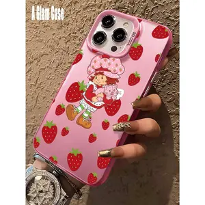Pink Strawberry and Girl Pattern Cartoon Phone Case: Sweet and Cool Style. Bright pink, shockproof, suitable for iPhone 17/16/15/14/13/12/11/X/XS/XSMAX/XR/16E/17E, birthday gift, suitable for both men and women