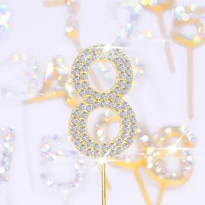 1count Glitter Alloy Rhinestone Number Cake Toppers Baby Shower Birthday Decoration Wedding Gold Silver Digital Cakes Dessert Decor