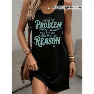 Bohemian Maxi Dress with "IF I'M THE PROBLEM THEN YOU MIGHT BE THE REASON" Sleeveless Tank Top - Loose Fit Beach Dress, Hem & Pocket, Casual Summer Dress for Vacations, Outfits (Spring Summer Fall)