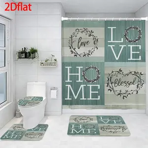 4-Piece Bathroom Sets Full Set Love Home Blessed Floral Wreath Pattern Four-Piece Curtain Set Elegant Decor Shower Bath funny Accessories U-Shaped floor Seat Cover Cushion Toilet Lid Rug Carpet Non-Slip  Shape Mat Gifts Style toilet waterproof