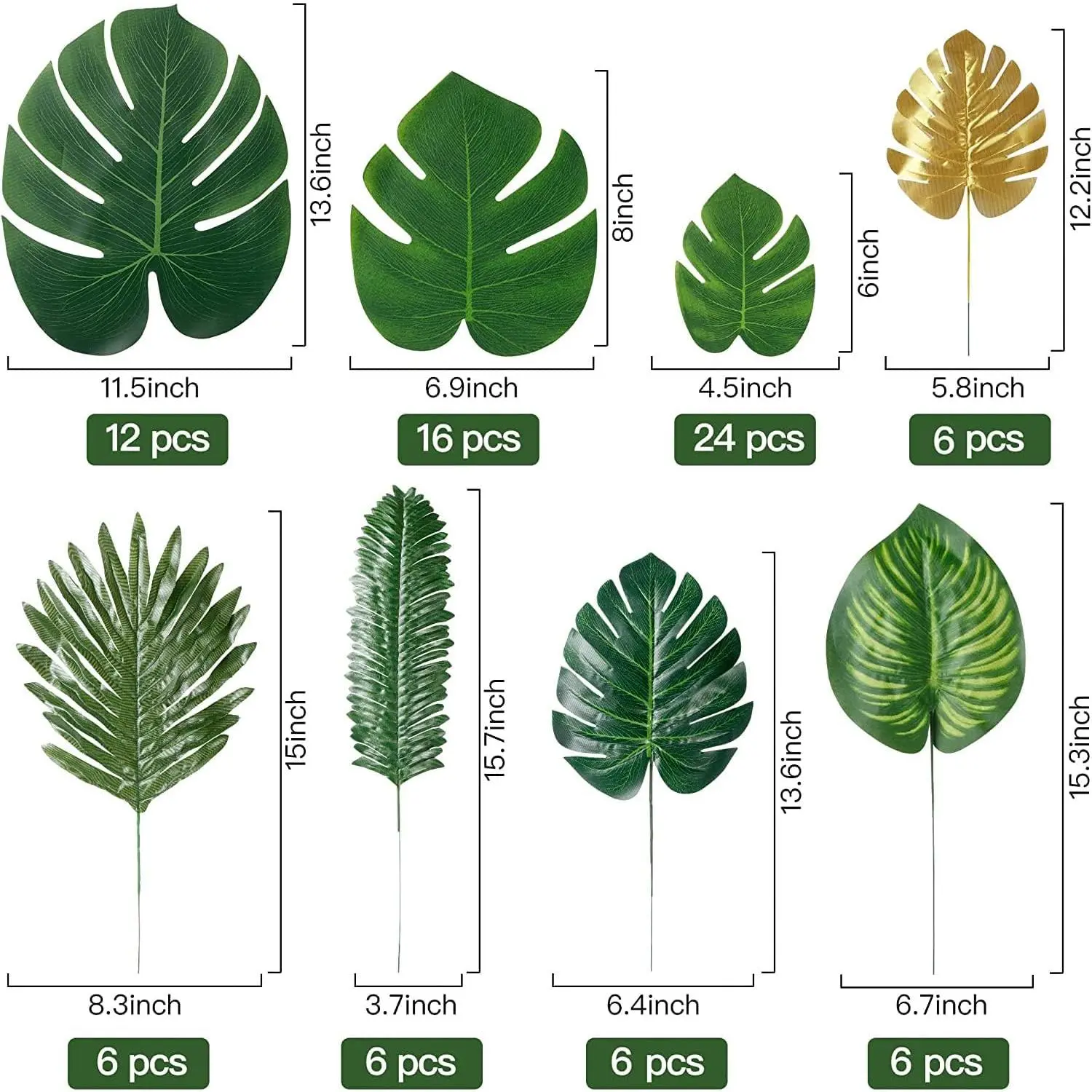Sggvecsy 82 Pieces 8 Kinds Artificial Tropical Palm Leaves Tropical Leaves Monstera Leaves Safari Jungle Leaf with Stems for Hawaiian Luau Party Beach Table Wedding Shower Birthday Theme Decorations