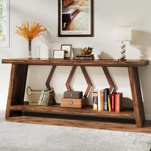 LITTLE TREE 70.86-Inch Farmhouse Console Table, Industrial Narrow Long Sofa Entryway Table with Storage, 2-Tier Wood Couch Foyer Accent Table for Living Room, Hallway, Entrance (Brown)