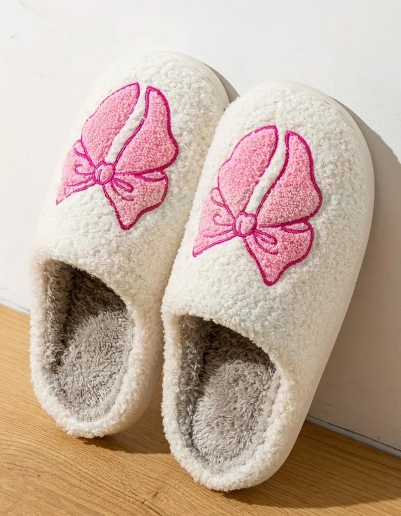 Women's Bowknot Slippers - Winter Warm Fuzzy Slip-On House Shoes with Cute Bow and Cartoon Pattern - Footwear, Walking Shoes