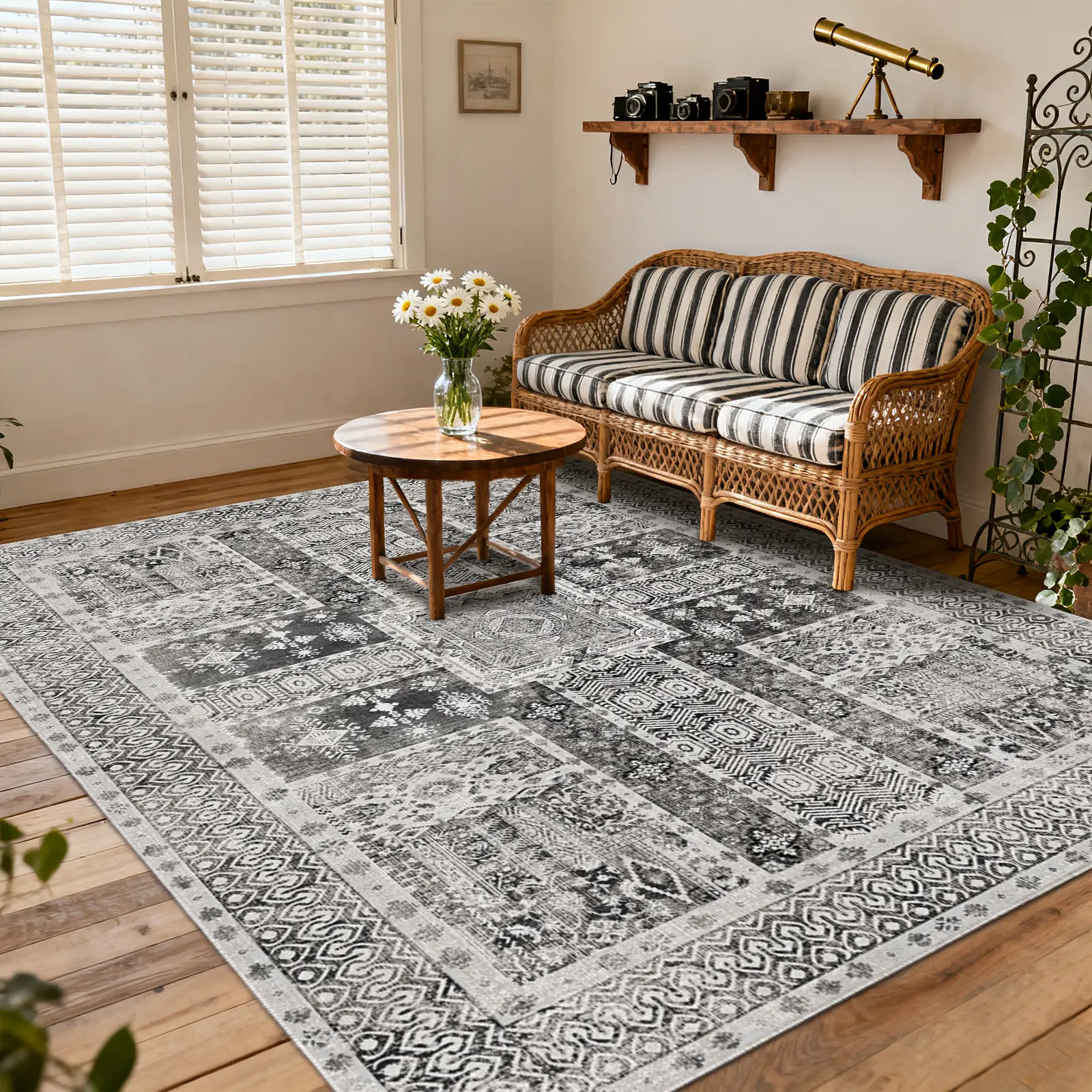 PLUMLIK Hand Crochet Polyester Fiber Geometric Print Vintage Patchwork Carpet - Soft Low-Pile Boho Rustic Rug, Durable Washable Stain-Resistant Non-Slip Safe Floor Grip Indoor Rug for High-Traffic Areas (120x180cm, 5x7ft, 8x10ft)