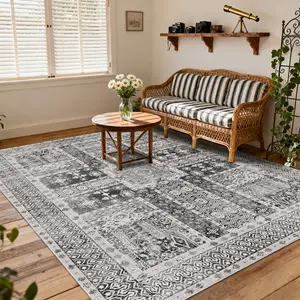 PLUMLIK Geometric Texture Vintage Patchwork Pattern Carpet, Soft Low Pile Boho Printed Non-Slip Rug, Durable，Washable Indoor Outdoor Rugs for Living Room, Bedroom Dorm, Balcony, Home Decor, Ideal For High Traffic Areas, Large Carpet For Daily Use