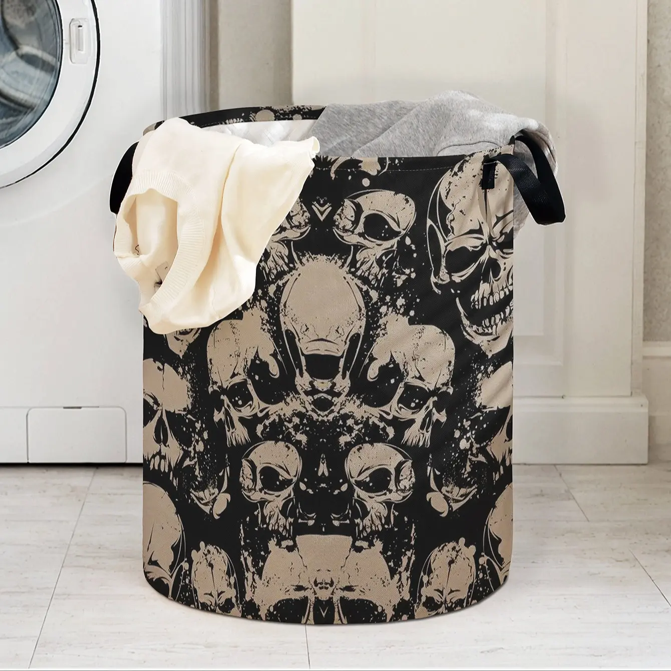 Skull Print Folding Laundry Basket with Handle, Durable Foldable Clothes Storage Bin, Large Capacity Toy Organizer, Home Use Reusable Hamper, Collapsible Laundry Hamper, Halloween