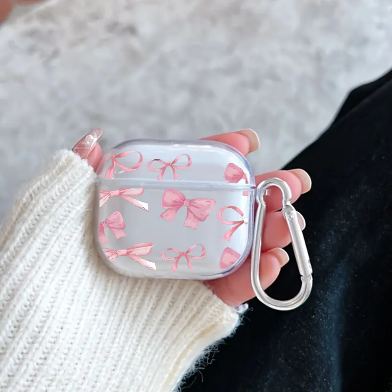Pink Bow Delight Pattern Protective Case for AirPods 4/3/2/1/Pro/Pro2 Soft TPU Earphone Cover, Transparent with Keychain