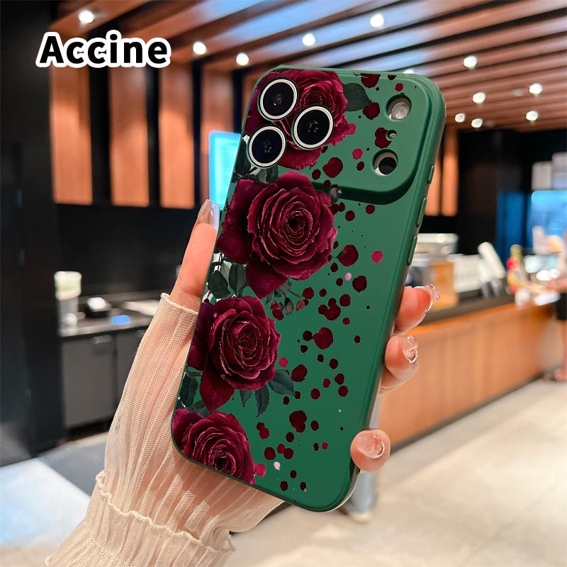 Straight Edge Phone Case for iPhone 17 15 16 14 Pro Max 13 12 11 XR XS Plus Air E Blooming Ruby Roses Pattern Anti-Scratch Shockproof Soft Liquid Silicone Protective Cover Smartphone Casing