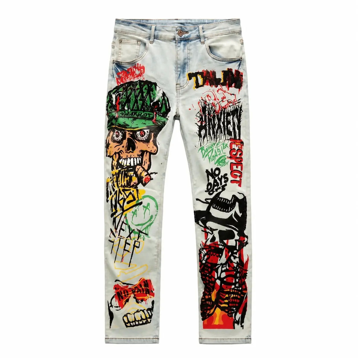 Men’s Light Wash Graphic Jeans, Skull Graffiti Print Denim Pants, Y2K Punk Hip Hop Streetwear Style