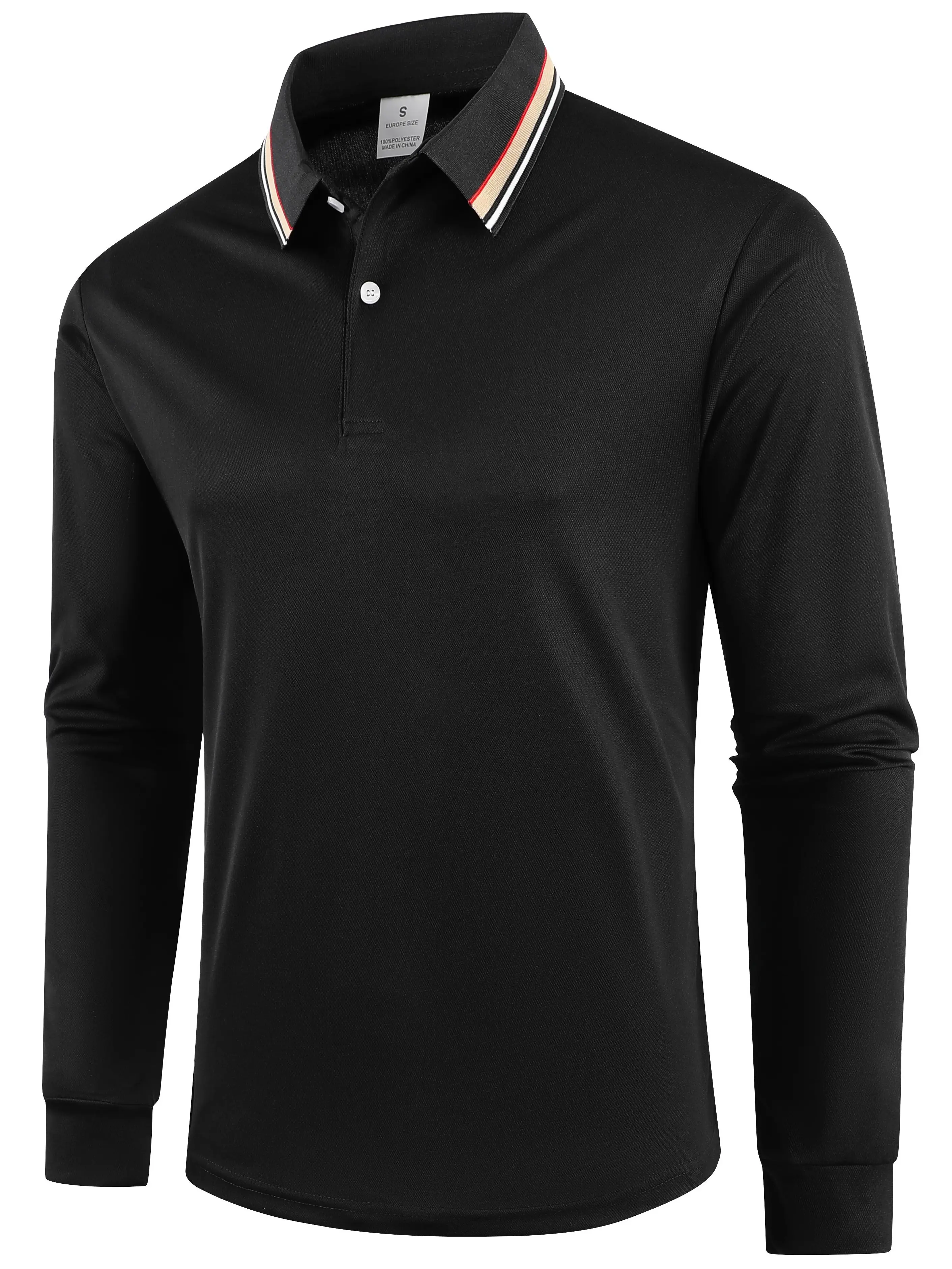 Men’s striped collar long-sleeve polo shirt, solid jacquard knit with three-button placket, casual golf top, breathable moisture-wicking turn-down collar shirt, luxurious striped collar moisture-wicking everyday top—if you prefer a looser fit, we recommen