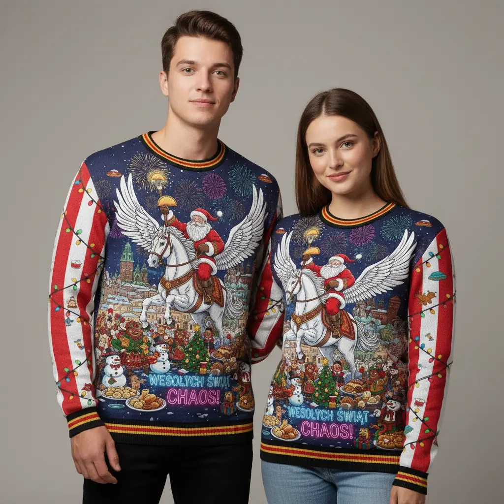 Slavic Holiday Tradition Santa & Pegasus Ugly Christmas Sweater