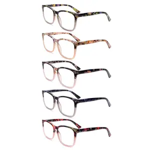 5 Pack Blue Light Blocking Reading Glasses Anti-Eyestrain Square Frame Spring Hinges Lightweight Fashion Print for Women Men Mix Color