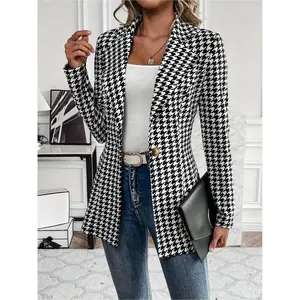 Women's Houndstooth Print Open Front Blazer, Casual Long Sleeve Outerwear for Work Office Business, Ladies Clothes for All Seasons, Womenswear