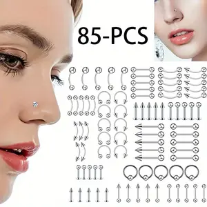85PCS Classic Eyebrow Nail, Nose Ring, Nose Nail, Tongue Nail, Navel Nail, Septum Clicker，Eyebrow Puncture Nail Set Stainless Steel Mixed Nose Ring Nose Stud Jewelry Piercing Set Body Piercing Jewelry