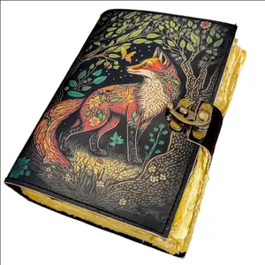 Fox Blank Spell Book of Shadows Leather Journal with Lock Clasp   Diary Celestial Grimoire gothic Tarot Prayer Pagan  Supplies  Decor Notebook (10 X 7)