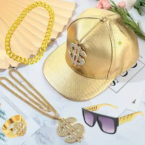 5PCS 80s 90s Hip-Hop Costume Kit with Golden Money Chain, Dollar Sign Cap, Punk Fashion Glasses - Heavy-Duty Rapper Accessory Set for Men Women, for Rap Parties, Themed Costumes