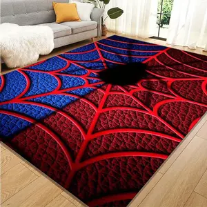 3D Spider Web Printed Carpet - 800g/m² Crystal Velvet, Non-Slip Floor Mat, Suitable for Bedroom, Living Room, Office - Red and Blue Mesh Pattern, Rectangular Design, Perfect Home Decoration