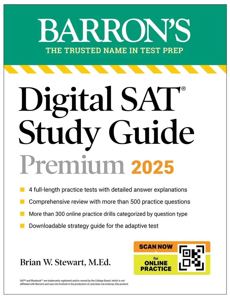 USED Book - Digital SAT Study Guide Premium, 2025: 4 Practice Tests + Comprehensive Review + Online Practice by Barron's Educational Series (Paperback) - english