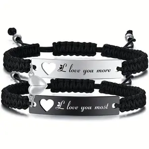 Heart Matching Couples Bracelets Adjustable Braided I Love My Boyfriend Girlfriend Long Distance Lovers His Hers Relationship Promise Jewelry Anniversary Christmas Birthday Gifts