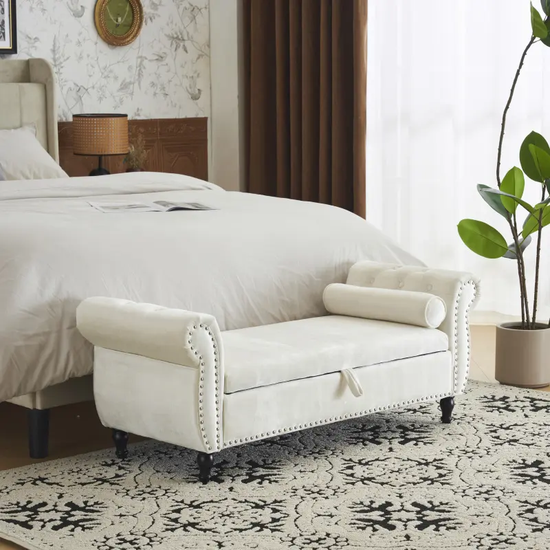 【Bellemave】Aijia 63" Velvet Multifunctional Storage Rectangular Sofa Stool Buttons Tufted Nailhead Trimmed Solid Wood Legs with 1 Pillow,Beige