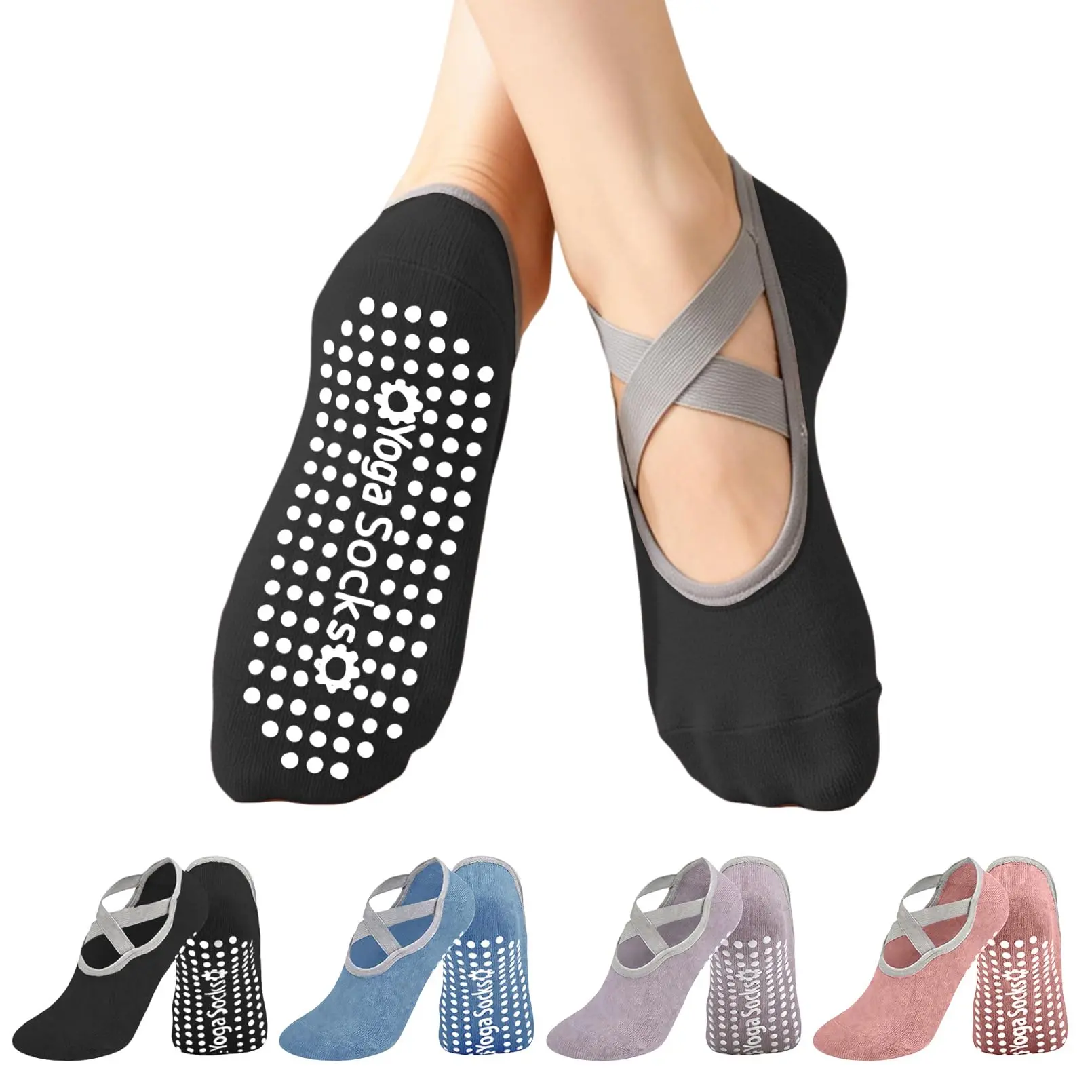 4 Pairs Women Non Slip Yoga Socks with Criss Cross Straps Grippy Pilates Barre Socks Anti Skid Silicone Bottom No Show Ballet Slipper Socks for Workout, Fitness, Dance, Studio
